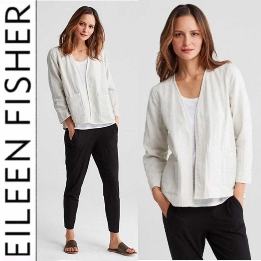 EILEEN FISHER REVERSIBLE COTTON KIMONO JACKET M Open Front Lagenlook Blazer - Picture 1 of 13